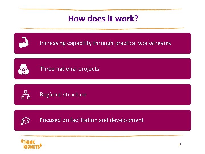 How does it work? Increasing capability through practical workstreams Three national projects Regional structure