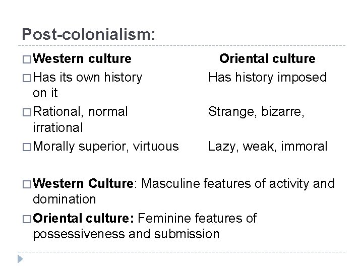 Post-colonialism: � Western culture � Has its own history on it � Rational, normal