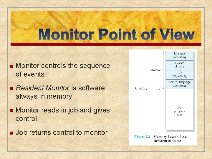 n Monitor controls the sequence of events n Resident Monitor is software always in