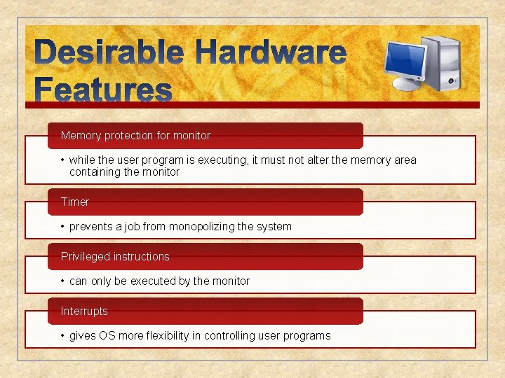 Memory protection for monitor • while the user program is executing, it must not