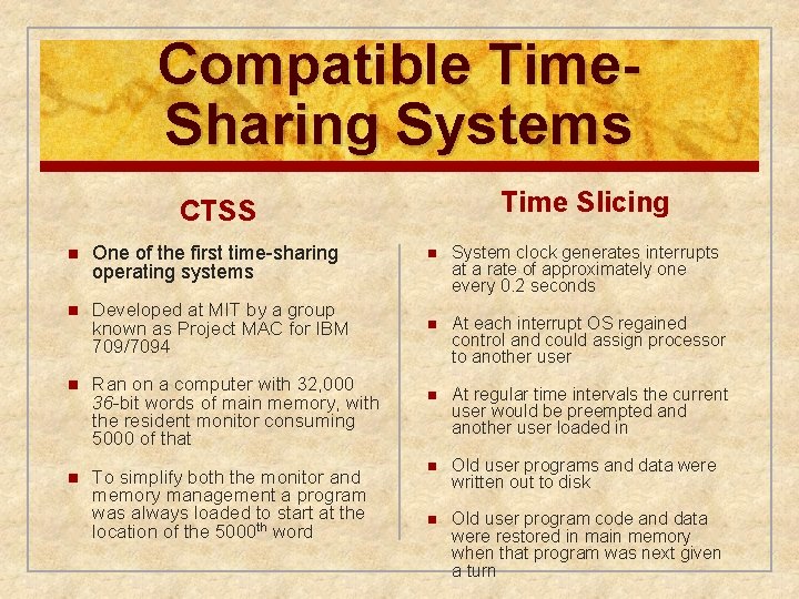 Compatible Time. Sharing Systems Time Slicing CTSS n One of the first time-sharing operating