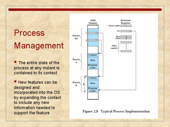 Process Management § The entire state of the process at any instant is contained