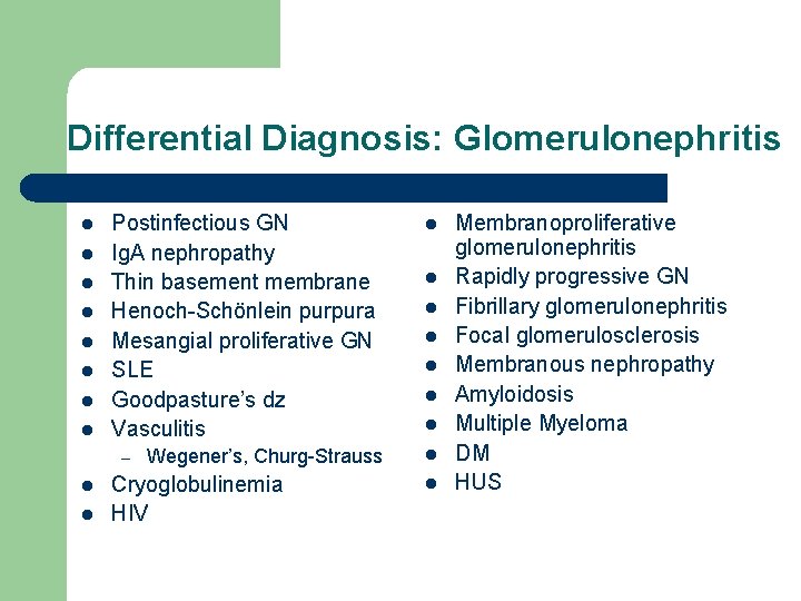 Differential Diagnosis: Glomerulonephritis l l l l Postinfectious GN Ig. A nephropathy Thin basement Differential Diagnosis: Glomerulonephritis l l l l Postinfectious GN Ig. A nephropathy Thin basement