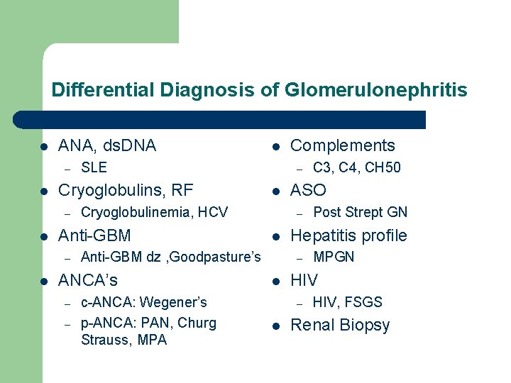 Differential Diagnosis of Glomerulonephritis l ANA, ds. DNA – l l – – l Differential Diagnosis of Glomerulonephritis l ANA, ds. DNA – l l – – l