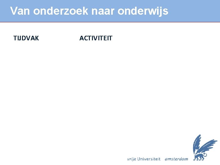 Van onderzoek naar onderwijs TIJDVAK ACTIVITEIT 