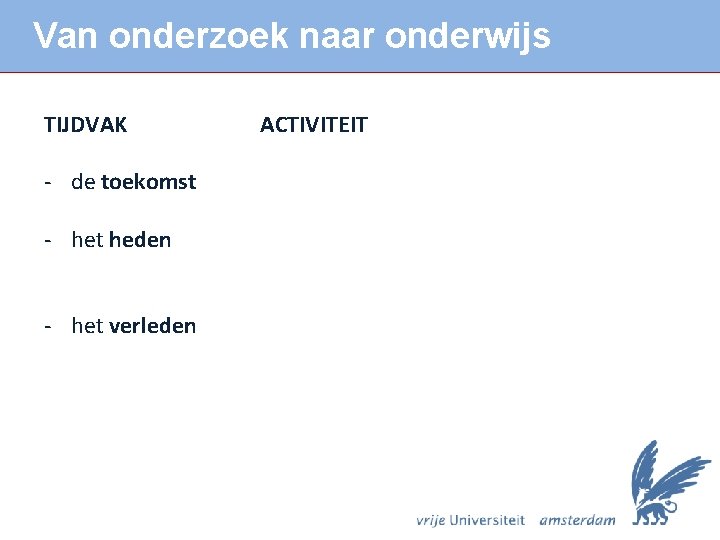 Van onderzoek naar onderwijs TIJDVAK - de toekomst - het heden - het verleden