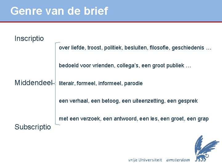 Genre van de brief Inscriptio over liefde, troost, politiek, besluiten, filosofie, geschiedenis … bedoeld