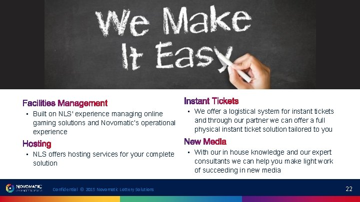 Services • Built on NLS' experience managing online gaming solutions and Novomatic’s operational experience Services • Built on NLS' experience managing online gaming solutions and Novomatic’s operational experience