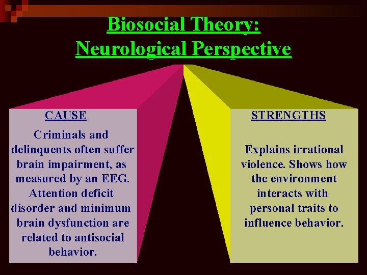 Biosocial Theory: Neurological Perspective CAUSE Criminals and delinquents often suffer brain impairment, as measured