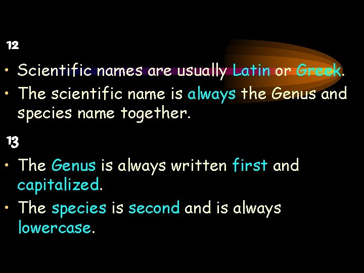 12 • Scientific names are usually Latin or Greek. • The scientific name is