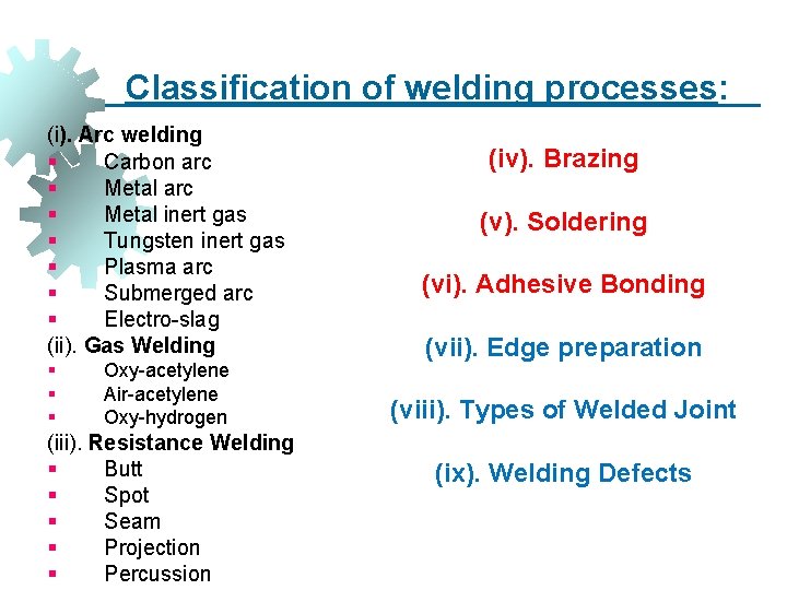 Classification of welding processes: (i). Arc welding § Carbon arc § Metal inert gas