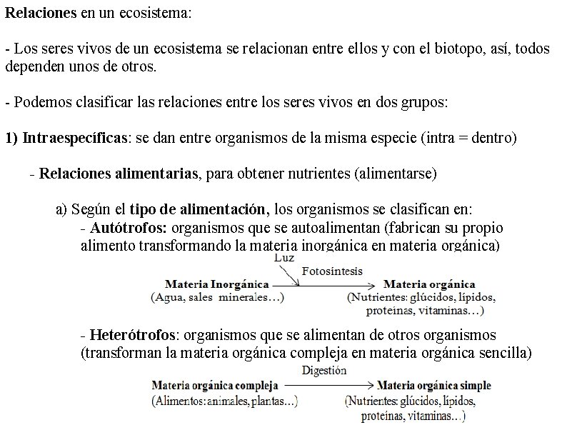 Relaciones en un ecosistema: - Los seres vivos de un ecosistema se relacionan entre