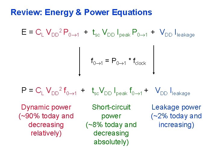 Review: Energy & Power Equations E = CL VDD 2 P 0 1 +