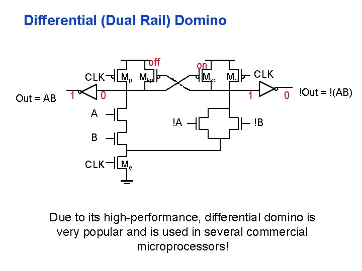 Differential (Dual Rail) Domino off CLK Out = AB 1 on Mp Mkp 0 Differential (Dual Rail) Domino off CLK Out = AB 1 on Mp Mkp 0