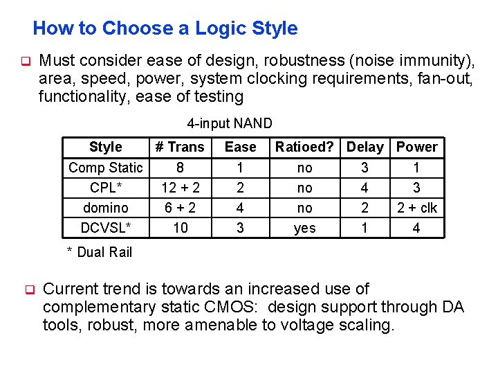 How to Choose a Logic Style q Must consider ease of design, robustness (noise