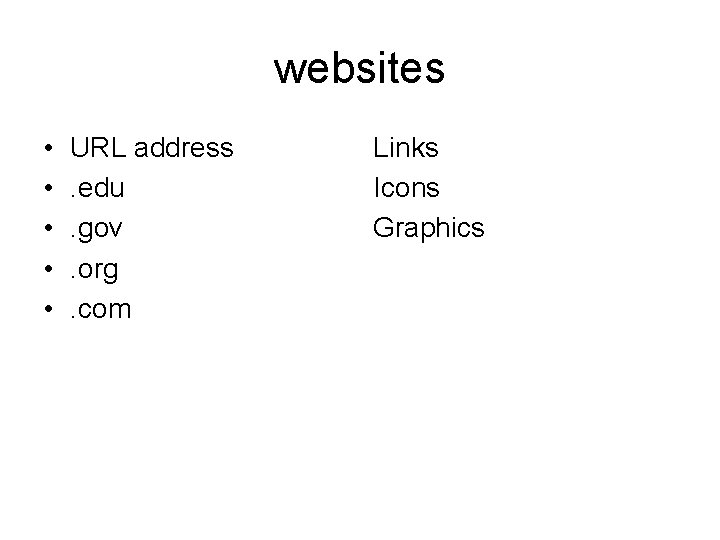 websites • • • URL address. edu. gov. org. com Links Icons Graphics 