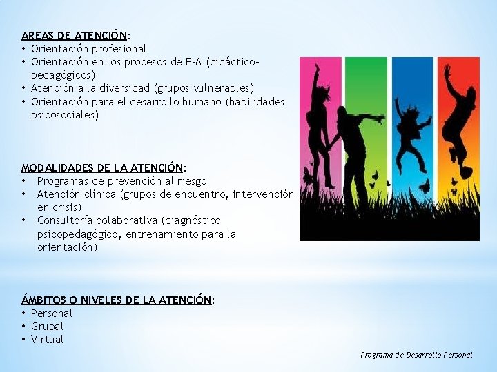 AREAS DE ATENCIÓN: • Orientación profesional • Orientación en los procesos de E-A (didácticopedagógicos)