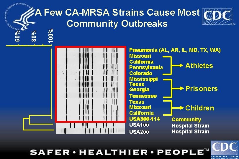 100% 80% 60% A Few CA-MRSA Strains Cause Most Community Outbreaks Pneumonia (AL, AR,