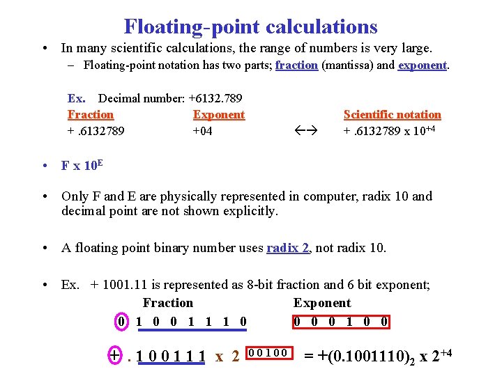 Floating-point calculations • In many scientific calculations, the range of numbers is very large.