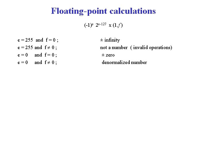 Floating-point calculations (-1)s 2 e-127 x (1. f ) e = 255 and f