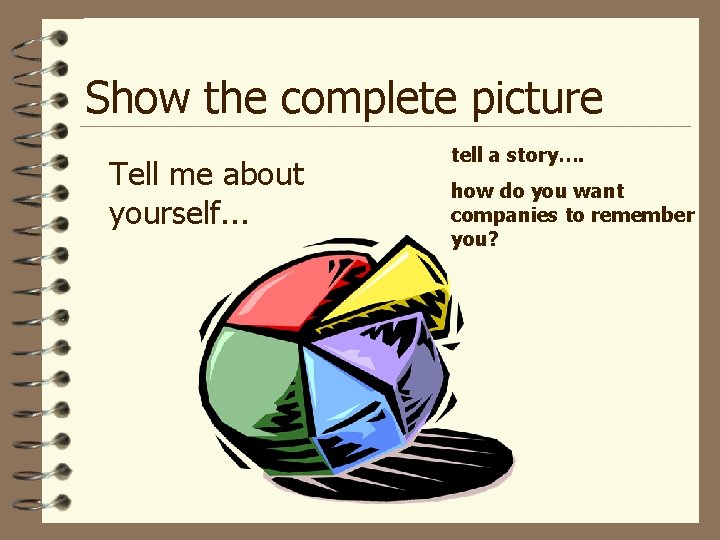 Show the complete picture Tell me about yourself. . . tell a story…. how