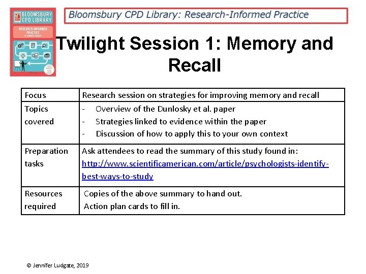 Twilight Session 1: Memory and Recall Focus Topics covered Research session on strategies for