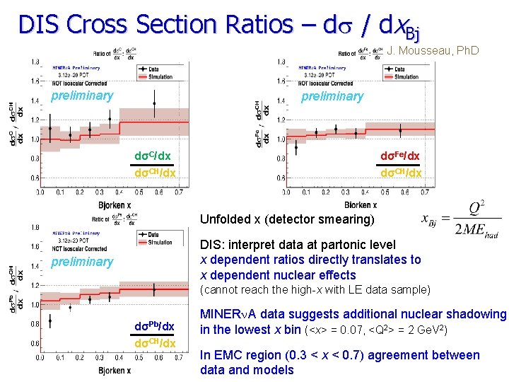 DIS Cross Section Ratios – ds / dx. Bj J. Mousseau, Ph. D preliminary