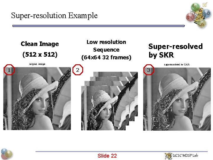 Super-resolution Example Low resolution Sequence (64 x 64 32 frames) Clean Image (512 x