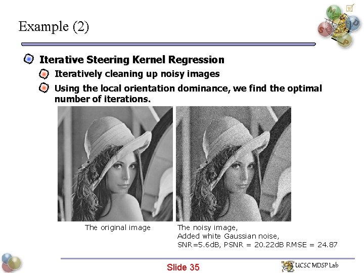 Example (2) Iterative Steering Kernel Regression Iteratively cleaning up noisy images Using the local