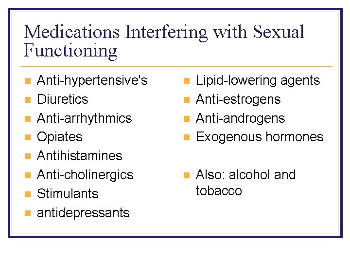 Medications Interfering with Sexual Functioning n n n n Anti-hypertensive's Diuretics Anti-arrhythmics Opiates Antihistamines