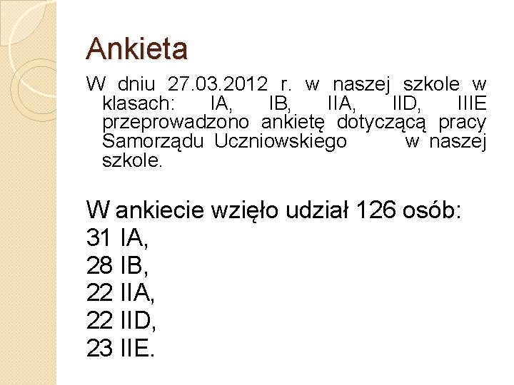 Ankieta W dniu 27. 03. 2012 r. w naszej szkole w klasach: IA, IB,