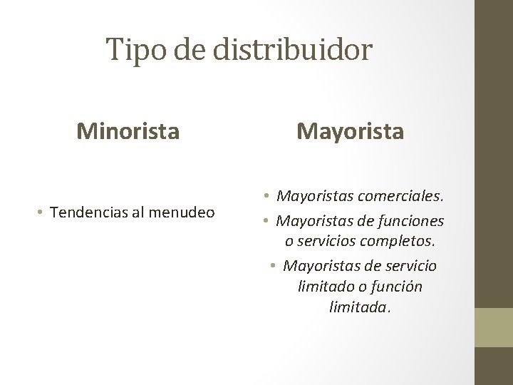 Tipo de distribuidor Minorista • Tendencias al menudeo Mayorista • Mayoristas comerciales. • Mayoristas Tipo de distribuidor Minorista • Tendencias al menudeo Mayorista • Mayoristas comerciales. • Mayoristas