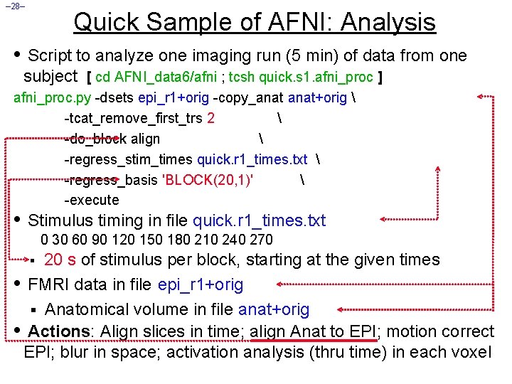 – 28– Quick Sample of AFNI: Analysis • Script to analyze one imaging run