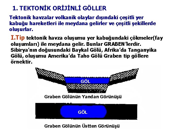 1. TEKTONİK ORİJİNLİ GÖLLER Tektonik havzalar volkanik olaylar dışındaki çeşitli yer kabuğu hareketleri ile