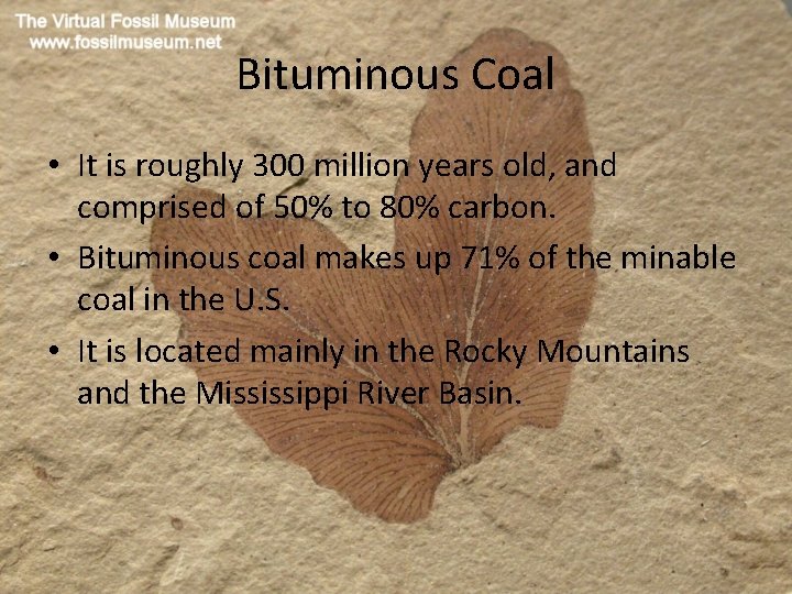 Bituminous Coal • It is roughly 300 million years old, and comprised of 50%