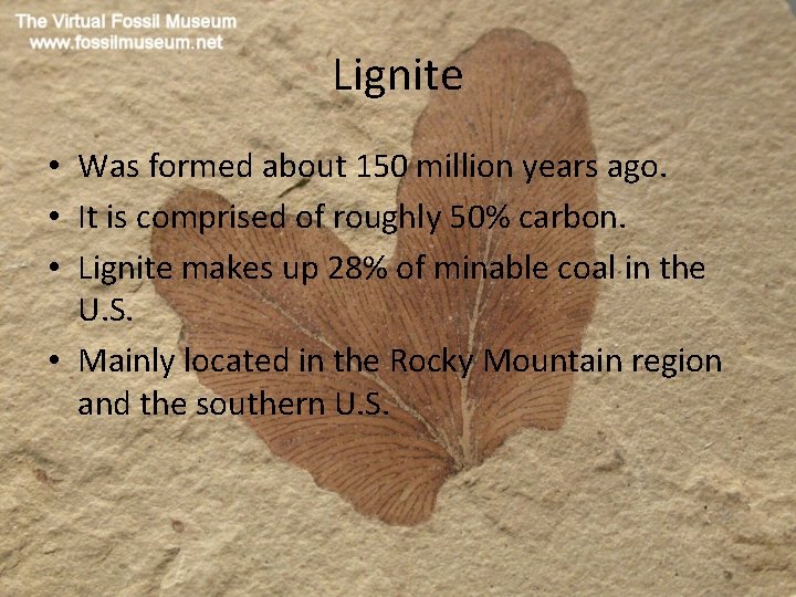 Lignite • Was formed about 150 million years ago. • It is comprised of