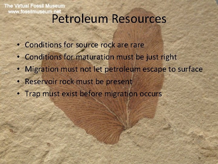 Petroleum Resources • • • Conditions for source rock are rare Conditions for maturation