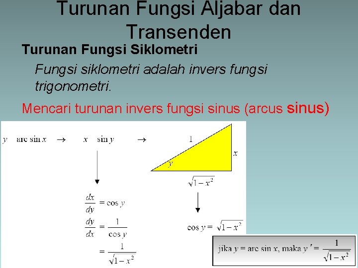 Turunan Fungsi Aljabar dan Transenden Turunan Fungsi Siklometri Fungsi siklometri adalah invers fungsi trigonometri.