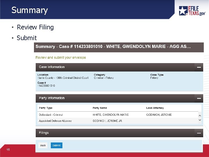 Summary • Review Filing • Submit 15 