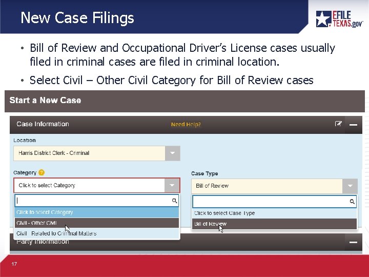 New Case Filings • Bill of Review and Occupational Driver’s License cases usually filed