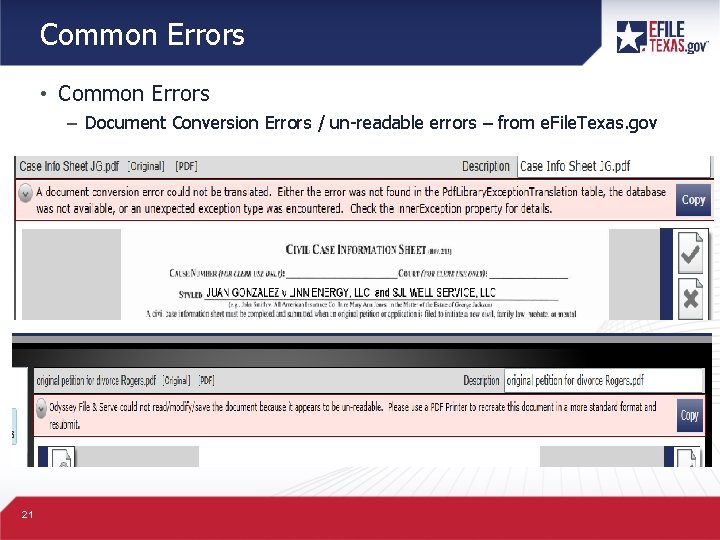 Common Errors • Common Errors – Document Conversion Errors / un-readable errors – from
