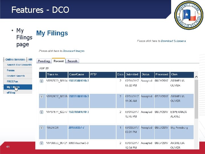 Features - DCO • My Filings page 41 
