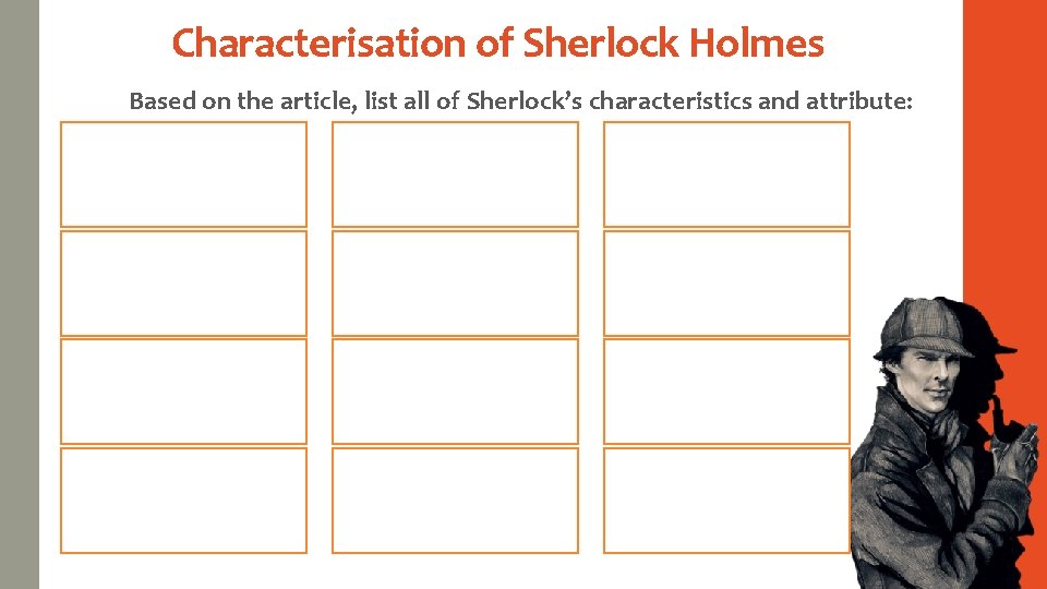 Characterisation of Sherlock Holmes Based on the article, list all of Sherlock’s characteristics and