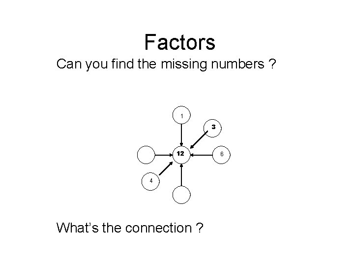 Factors Can you find the missing numbers ? 1 3 12 4 What’s the