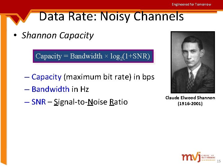 Engineered for Tomorrow Data Rate: Noisy Channels • Shannon Capacity = Bandwidth × log