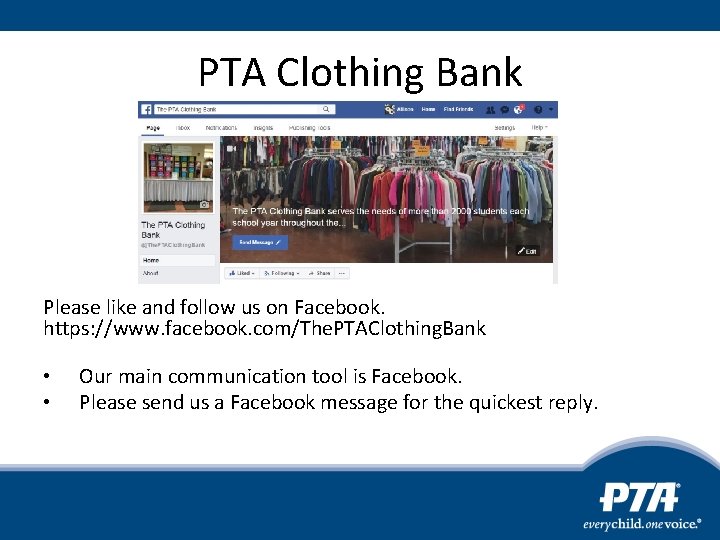 PTA Clothing Bank Please like and follow us on Facebook. https: //www. facebook. com/The.