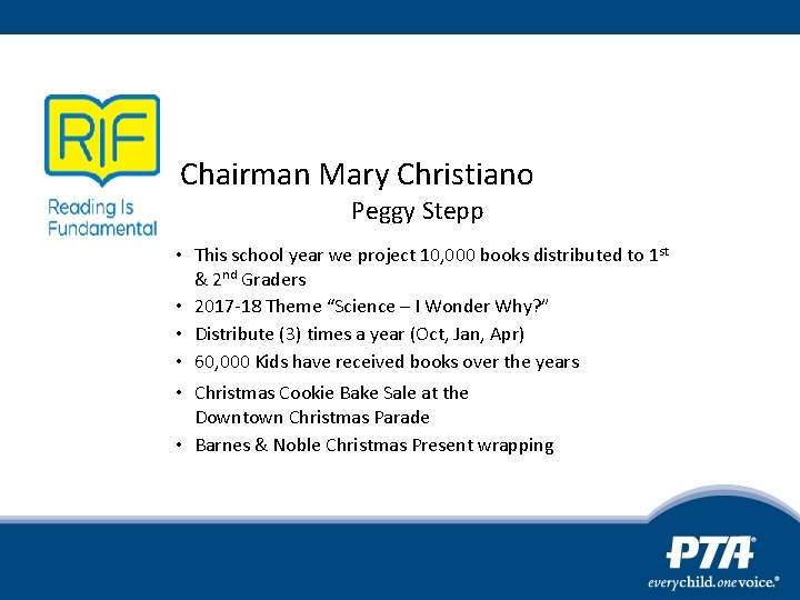 Chairman Mary Christiano Peggy Stepp • This school year we project 10, 000 books