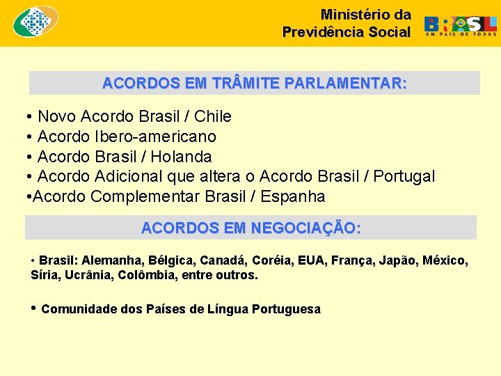 Ministério da Previdência Social ACORDOS EM TR MITE PARLAMENTAR: • Novo Acordo Brasil /