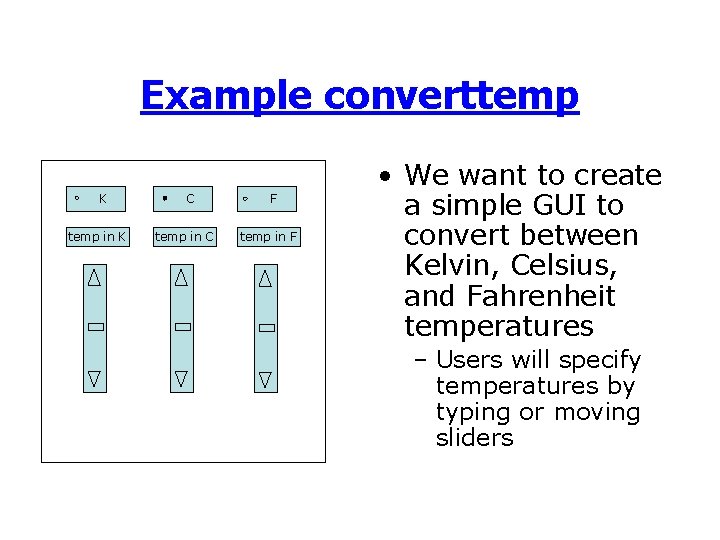 Example converttemp K temp in K C temp in C F temp in F