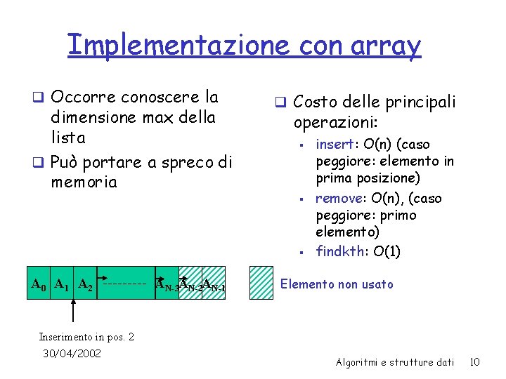 Implementazione con array q Occorre conoscere la dimensione max della lista q Può portare